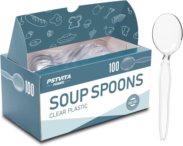 Heavyweight Clear Plastic Soup Spoons, Disposable Utensils for Party Supply, Pack of 100