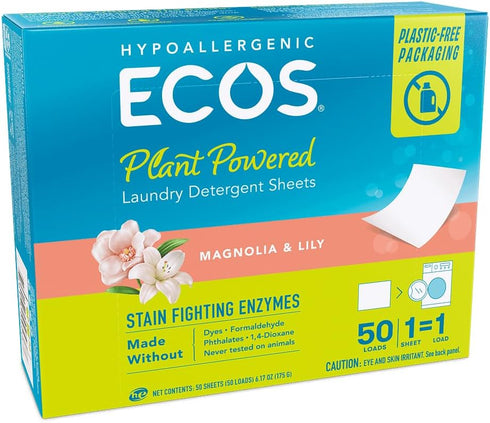 ECOS Laundry Detergent Sheets, No Plastic Jug, Vegan, Hypoallergenic, Plant Powered, Magnolia & Lily, 50 Count