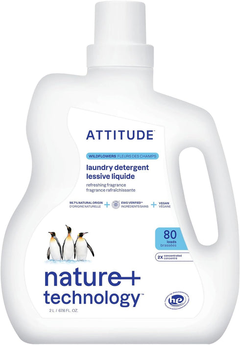 ATTITUDE Liquid Laundry Detergent, EWG Verified, HE Compatible, Vegan, Plant Based, Wildflowers, 80 Loads, 67.6 Fl Oz