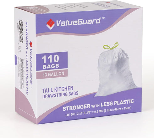 13 Gallon Drawstring Trash Bag, 110 Count Tall Waste Bags for Kitchen, Office, Party