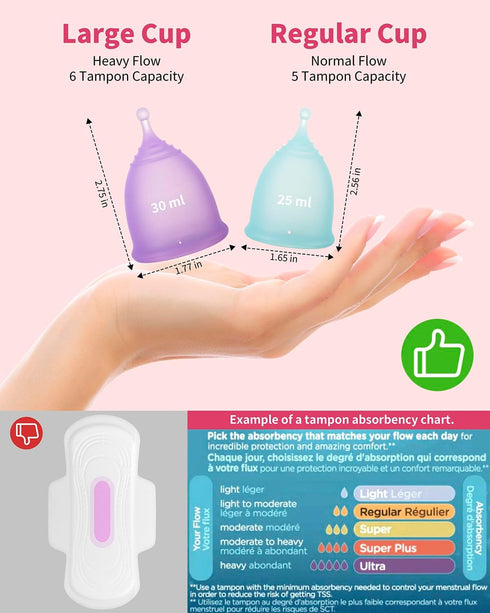 Set 2, Reusable Menstrual Cup (Small & Large Size) of Soft Silicone, Low or High Cervix, Safe Period Cup, Heavy & Light