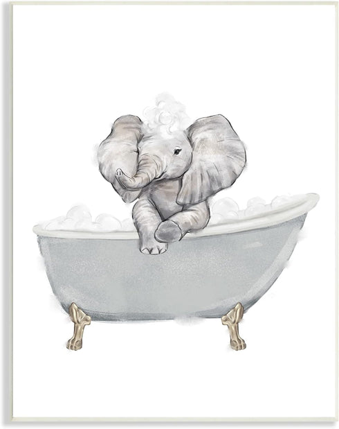 Stupell Industries Baby Elephant Bubble Claw Bathtub Safari Animal Bathroom Wall Plaque, 10 x 15, White