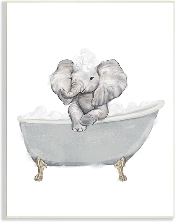 Stupell Industries Baby Elephant Bubble Claw Bathtub Safari Animal Bathroom Wall Plaque, 10 x 15, White