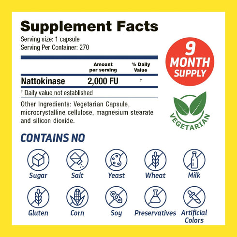 Nattokinase Supplement 2000 FU - Supports Cardiovascular Health & Blood Circulation - Non-GMO, Gluten-Free, 270 Veggie