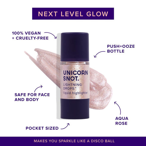 Unicorn Snot Liquid Highlighter Lightning Drops, Buildable Makeup for Face and Body - Cruelty-Free (Aqua Rose/Nymph)