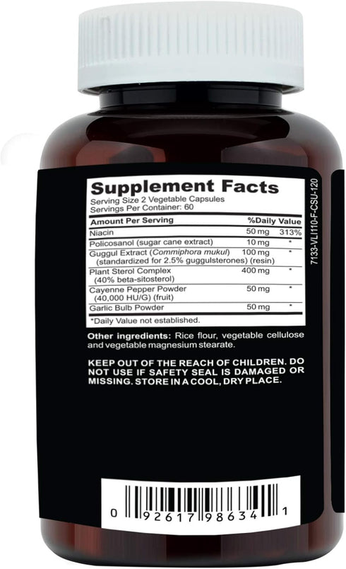 Clinical Daily Cholesterol Care Supplement - Vegan Plant Sterols with Guggul, Garlic, Niacin - 120 Capsules