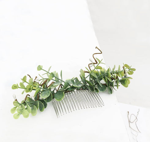 Wedding Bridal Camellia Hair Comb, Ranunculus Green Leaf Floral Clip Headpiece 2033