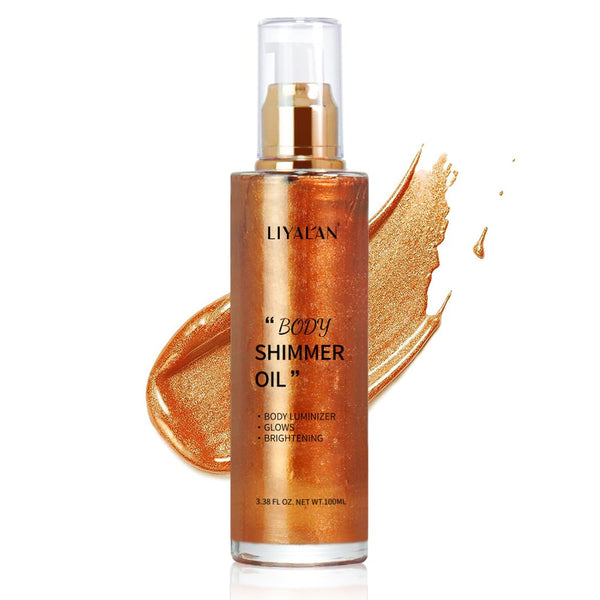 Liyalan Shimmer Body Oil, Bronze Gold 5 Color Highlighter Illuminator, Glitter Liquid Tanning (3.38 Fl Oz/03)