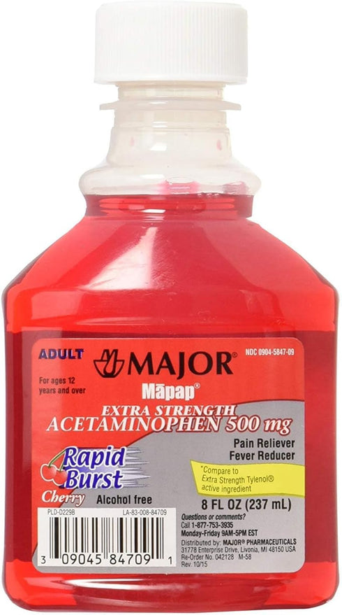 MAJOR Mapap Adult Liquid Acetaminophen - 500mg Extra Strength Pain Reliever, Cherry Flavor, 8 Fl Oz, Pack of 2