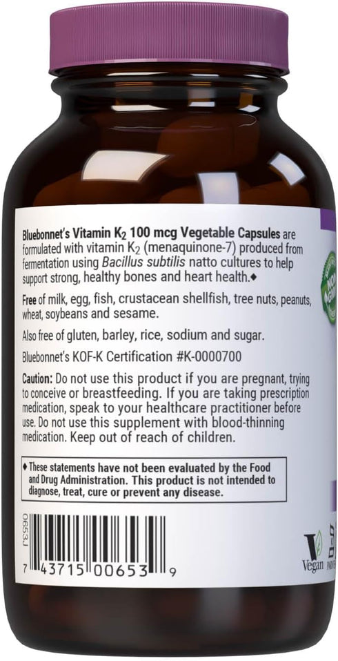 K2 100 K2 MK7 100 Bluebonnet Nutrition Vitamin Supplement mcg Daily Vit Heart Health & Bone Vitamins for Women & Men*