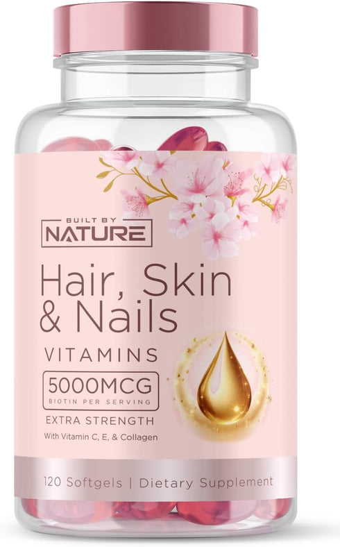 Hair Skin and Nails Vitamins, 120 Softgels | 5000mcg Biotin with Vitamin C, E, Collagen, and Hyaluronic Acid