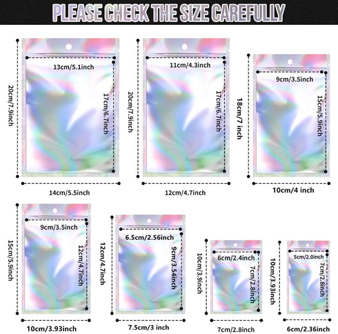 100 Pack Resealable Mylar Bags, Smell Proof Aluminum Foil Ziplock Pouches for Candy, Jewelry, Holographic Rainbow Color