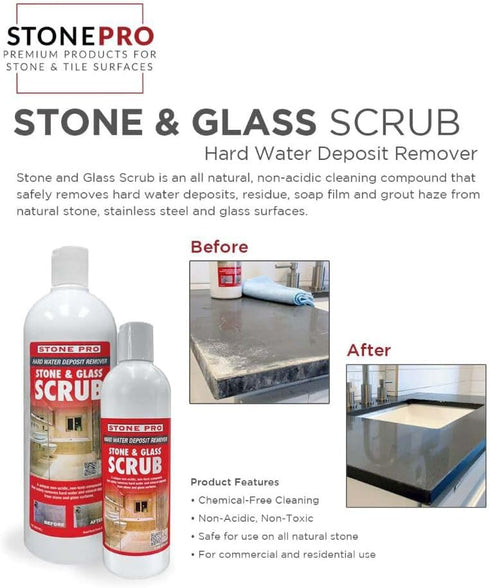 Stone Pro Stone and Glass Scrub - Hard Water Stain Remover - Remove Spots on Glass, Natural Stone, Quartz, & Metal