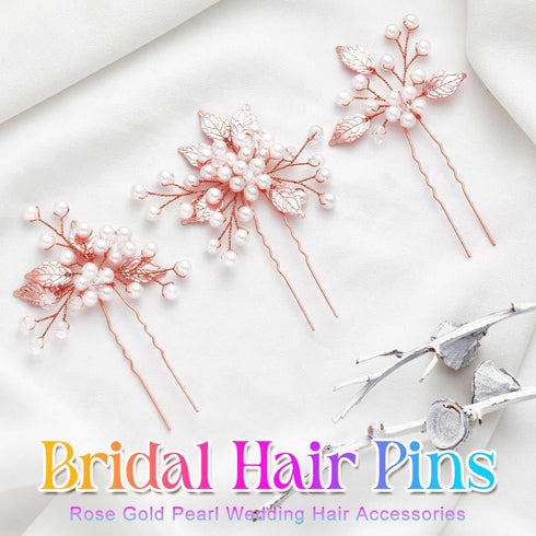 Heread Pearl Bride Wedding Hair Pins, Leaf Bridal Head Piece Flower Hair Accessories for Women and Girls (Pack of 3)