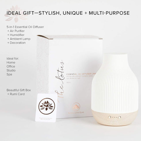 Settings Sacred Lotus Love Ceramic Essential Oil Diffuser Ultrasonic Aroma Diffuser with Wood Base, Ambient LED Light