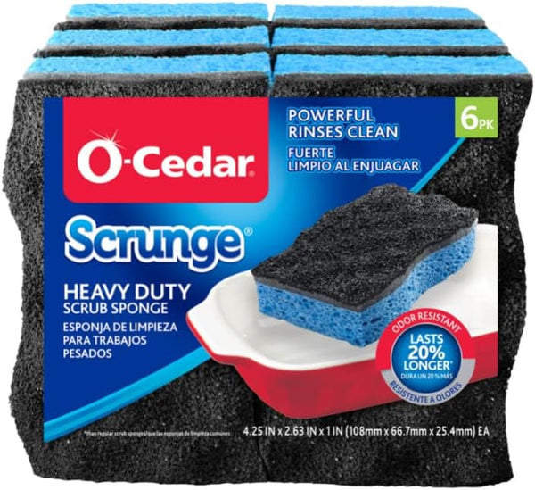 O-Cedar Heavy-Duty Scrunge Scrub Sponge, Odor-Resistant, Multi-Surface, Lasts 20% Longer, 6 Count