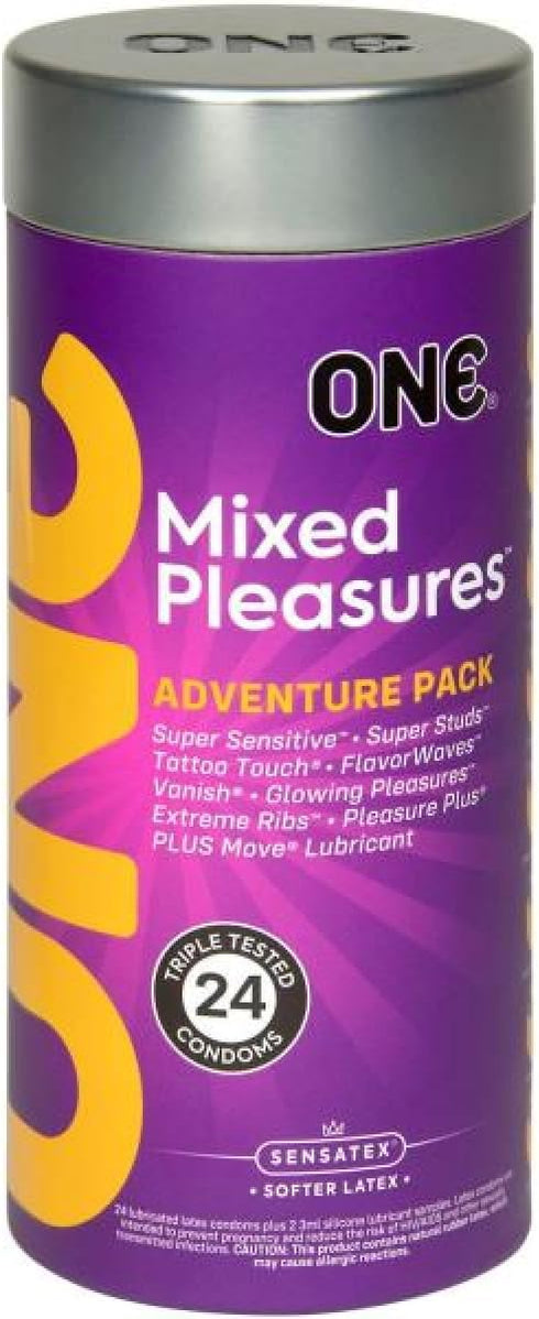 ONE, Lunamax ONE Mixed Pleasures, Five Styles Lubricated Latex Condoms-24 Count + Brass Pocket