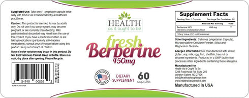 Health As It Ought To Be Fresh Berberine 450mg Supplement | No Preservatives | 60 Capsules