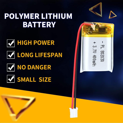 3.7V 400mAh 802030 Lipo Battery, Rechargeable Lithium Polymer Ion Battery Pack with PH2.0mm JST Connector