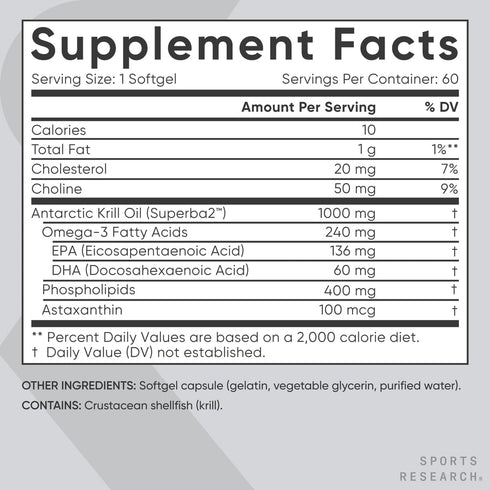 Sports Research Antarctic Krill Oil - Omega 3 Softgels 1000mg, 60 Capsules, Non-GMO & Gluten Free