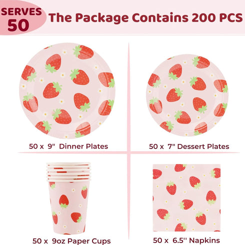 Strawberry Party Tableware Set - 200PCS Birthday Party Supplies Strawberry Disposable Paper Plates Dinnerware Set Dinner Plates Dessert Plates Cups Napkins for 50 Guests Baby Shower Fruit 1st Party by SHIBADOU