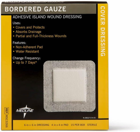 Medline Adhesive Island Wound Dressing, Bordered Gauze, 6" x 6", Sterile, 15 Count