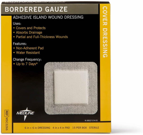 Medline Adhesive Island Wound Dressing, Bordered Gauze, 6" x 6", Sterile, 15 Count