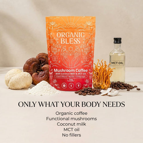 Organic Bless 30 Instant Mushroom Coffee Powder Organic Lions Mane, Reishi & Cordyceps Blend for Energy, Focus