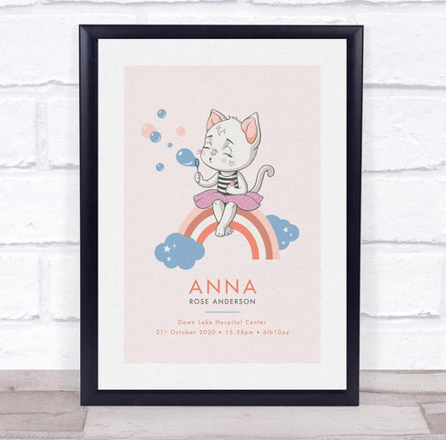 The Card Zoo New Baby Birth Details Christening Nursery Kitten Cat Rainbow Gift Print