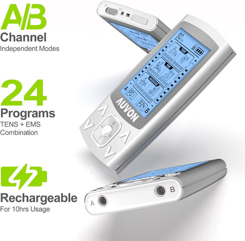 AUVON Dual Channel TENS EMS Unit - 24 Modes Muscle Stimulator for Pain Relief, Rechargeable with 12 Pads