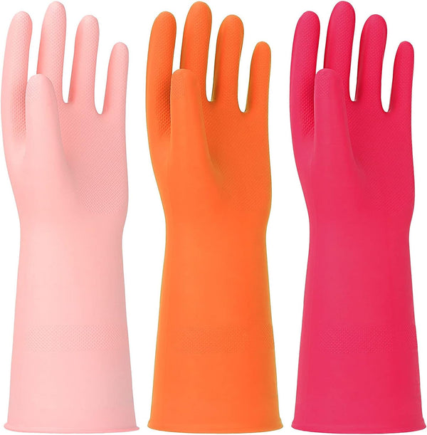 3 Pairs Rubber Cleaning Gloves, Latex Free Dishwashing Gloves, 13" Reusable Nitrile Gloves, Large, Orange + Pink + Red