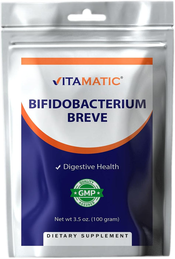 Vitamatic Bifidobacterium Breve Probiotic Powder, 100 Gram (3.5 OZ), Digestive Health Support, 100 Servings