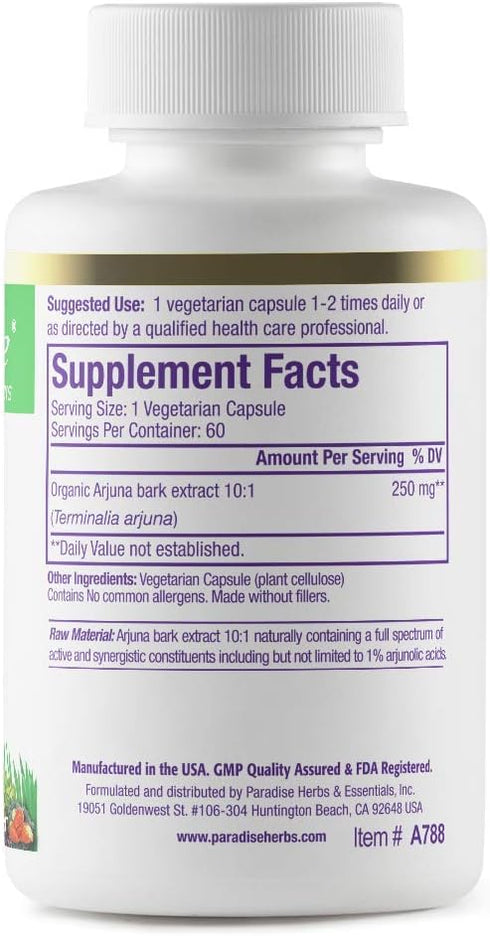 Paradise Herbs Arjuna, Super Potent, Ultra Pure, Antioxidant Supplement, Vegan, Non GMO, Gluten Free, 60 Vegetarian Capsules