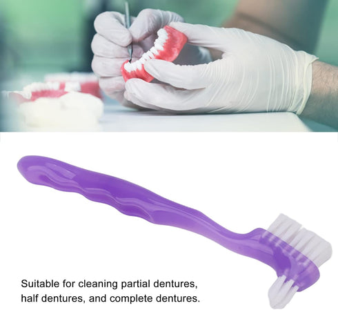 Portable False Teeth Cleaning Brush, Elderly Denture Brush with Container for Home Travel (Purple)
