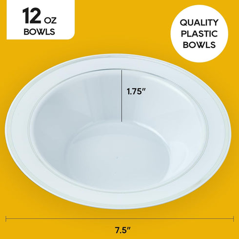 JOLLY PARTY 50 Plastic Bowls with Silver Rim - 12oz Disposable Soup Bowls for Christmas Thanksgiving Party