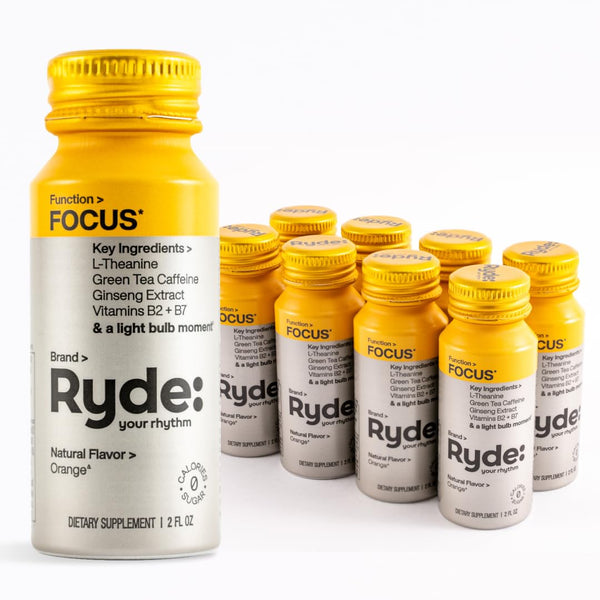 RYDE: Focus Shot, Orange Flavor, L-Theanine & Ginseng, Caffeine, 0 Calories, 0 Sugar, 2 FL OZ Shots, 8 Pack