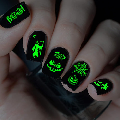 TailaiMei 9 Sheets Halloween Nail Stickers | Glow in The Dark Fluorescent Design Nail Decals for DIY Manicure
