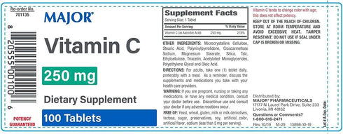 MAJOR Vitamin-C 250 mg Ascorbic Acid Tablets, 100 CT - Pack of 2