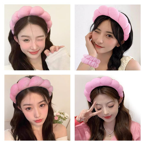 Spa Headbands for Washing Face, Makeup Skincare Wristband Set, Soft Terry Towel Cloth Hairband for Women (Pink).