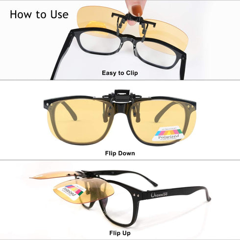 FONHCOO Clip-on Night Driving Sunglasses (2 Pack), Night Vision Glasses Lens Over Prescription Glasses for Men and Women