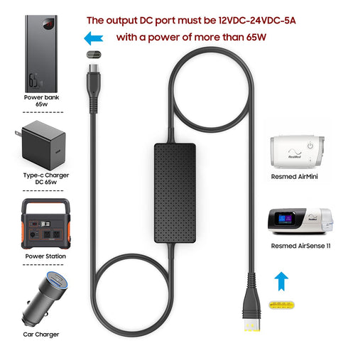 PD USB-C 20V DC Converter Charging Cable for ResMed AirSense 11 Air 11 Airmini 65W 20W CPAP Battery Backup