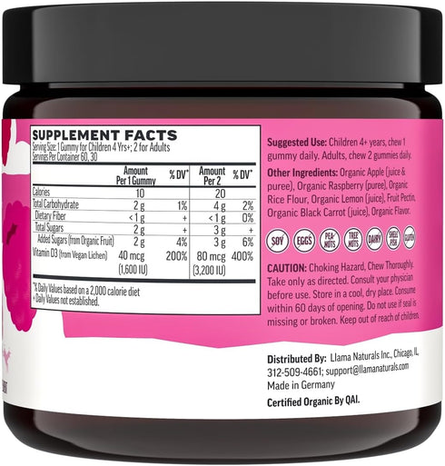 Llama Naturals Vitamin D3 - Vegan Organic Immune Support Supplement, 60 Ct Real Fruit Gummy Vitamins