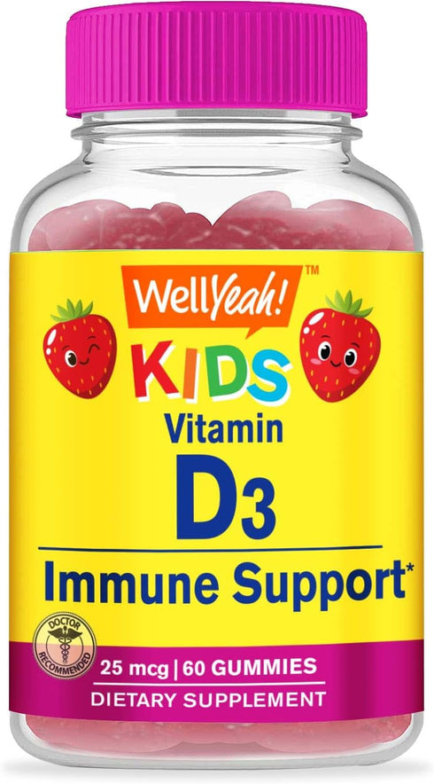 Kids Vitamin D3 Gummies 1000 IU (25 mcg), 60 Strawberry Flavor Servings for Bone Strength & Immunity Support