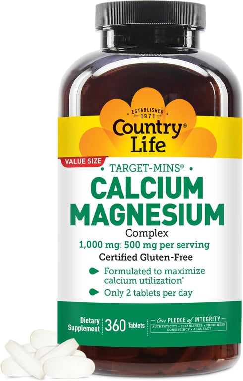 Country Life Target-Mins Calcium Magnesium Supplement for Bone Health, 1000mg Calcium, 500mg Magnesium