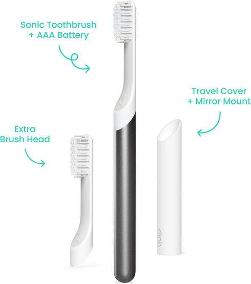 Quip Sonic Toothbrush for Adults - Includes Extra Brush Head, Travel Cover Mount, Soft Bristle, Metal Handle, Slate