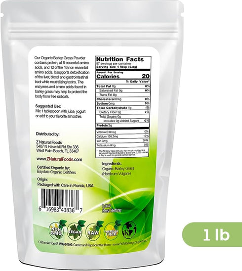 Organic Barley Grass Powder, Antioxidant-Rich, Energy Booster Organic Grass Powder, 100% Natural Superfood, Vegan, Gluten Free, Non-GMO, Kosher, 1 Lb