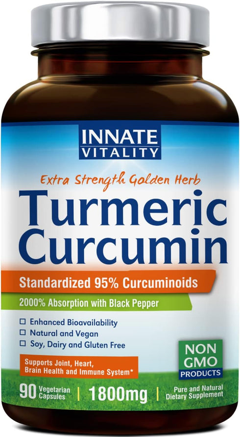 Innate Vitality Turmeric Curcumin Supplement, 1800mg with Black Pepper for Joint Support, 90 Vegan Caps