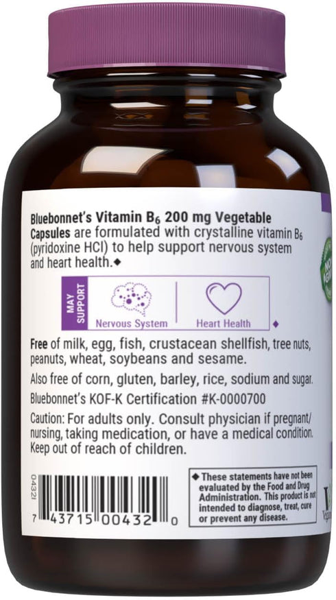 Bluebonnet Nutrition Vitamin B6 Vegetable Capsules, 200 mg, 90 Servings, Cardiovascular and Nervous System Health