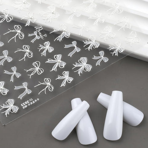 5D Embossed White Lace Bowknot Nail Art Stickers, Pearl Bow Nail Decals for Retro Nail Art Supplies