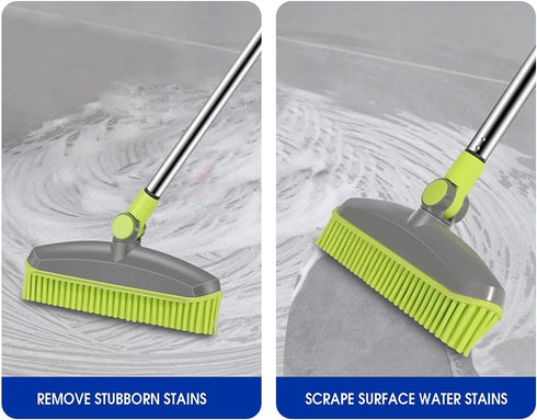 Adjustable Rubber Push Broom and Dustpan Set, Self Cleaning Indoor Outdoor Angle Brooms for Home, Long Handle for Pets